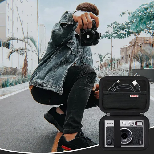 Vista 7 de Funda de transporte compatible con cámara instantánea Fujifilm Instax Mini EVO, bolsa de viaje con bolsillo de malla para fotos, cables USB Negro