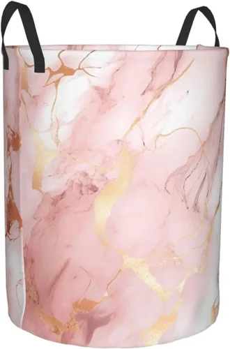 Vista 2 de Cesta de lavandería grande con estampado de mármol de oro rosa, cesta de lavandería impermeable, bolsa de lavandería con asas, papelera de lavado