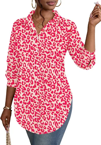 Vista 38 de Rooscier Blusa larga con cuello en V para mujer, manga larga, abertura lateral, con botones