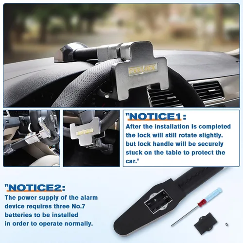 Vista 3 de Cerradura de volante con alarma, dispositivo de seguridad antirrobo de alta resistencia para automóviles, camiones y SUV, incluye 2 llaves (negro)