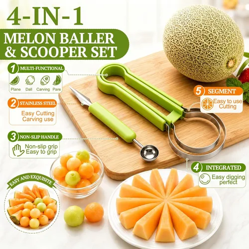 Vista 5 de Juego de palas de melón Suuker, 4 en 1 cortadores de frutas con formas, cuchara de sandía, cuchara de frutas y pelador de bolas, herramientas