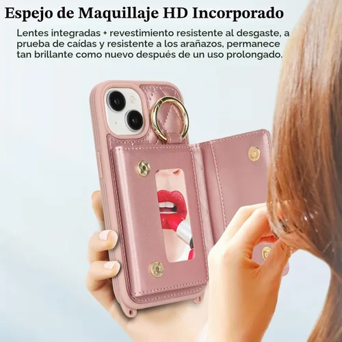 Vista 5 de Funda para iPhone 14 con tarjetero y correa para mujer, cordón cruzado, espejo de maquillaje, soporte de anillo, cierre a presión, bonitas fundas