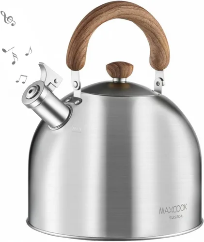 Vista 9 de Hervidor de té de acero inoxidable 18/8 para estufa (2L / 2.1 cuartos, tetera silbante, mango de madera) - Plateado