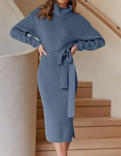 Vista 2 de ZESICA - Vestido por debajo de la rodilla de suéter, de cuello alto, para mujer, de manga larga, de punto acanalado, con abertura y cinturón