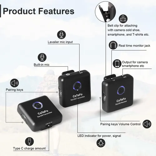Vista 3 de Star200 T2 - Sistema de micrófono inalámbrico Lavalier de doble canal de 2.4 GHz, micrófono omnidireccional pequeño para teléfono inteligente