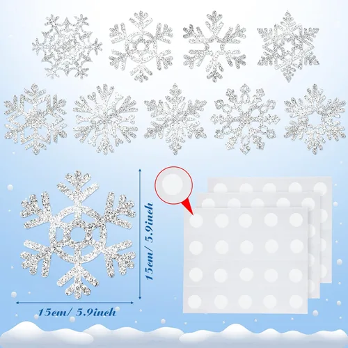 Vista 2 de Zonon 45 piezas de decoración de copos de nieve, recortes de papel de copo de nieve de Navidad de invierno con punto de pegamento para tablón