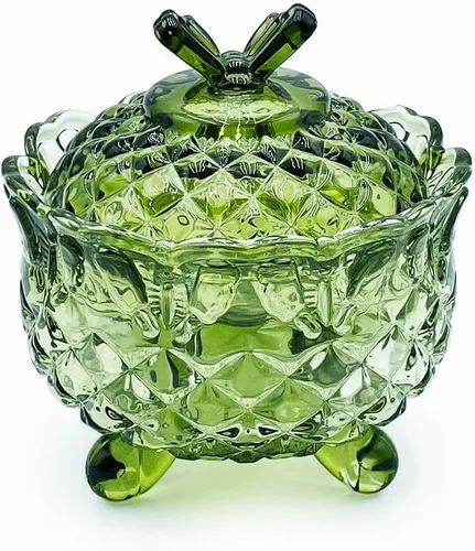 Vista 14 de Tarro de almacenamiento de caramelos de vidrio de cristal colorido con relieve, lujoso recipiente para buffet de galletas con tapas, caja