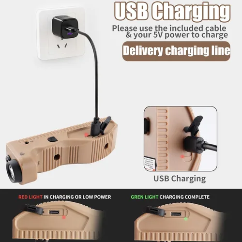 Vista 4 de Linterna táctica ZBULAR de 1650 lúmenes, equipada con láser verde y luces LED blancas, recargable por USB-C, función estroboscópica, salida