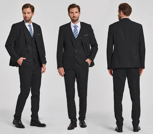 Vista 4 de MY'S - Conjunto de traje ajustado de 3 piezas con chaqueta con un botón, chaleco, corbata y pantalones