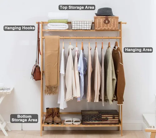 Vista 2 de COPREE Perchero de bambú para colgar ropa resistente con estante superior y estantes organizadores de almacenamiento de ropa para zapatos