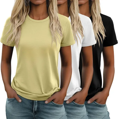 Vista 45 de Huukeay Paquete de 3 camisetas de algodón para mujer, estilo casual, de manga corta, cuello redondo, ajuste holgado, básica, lisa