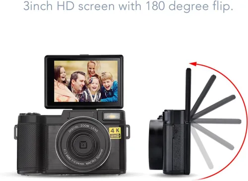 Vista 4 de Cámara digital 4K, 3 pulgadas, 48 MP, 16X, zoom de 180°, cámara de vlogging antivibración con función de belleza facial, para adolescentes, adultos