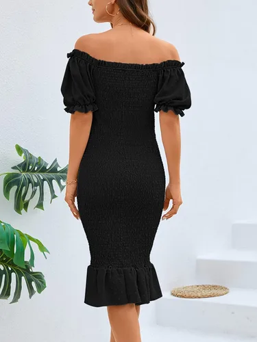 Vista 6 de SENFURE Vestido de verano para mujer, estilo casual, por debajo de la rodilla, fruncido, manga abombada, cuello cuadrado, volantes, vestido