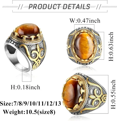 Vista 2 de Dochais Anillo retro grande de piedra de ojo de tigre para hombre, anillo vintage turquesa para hombre, anillo ovalado de acero inoxidable