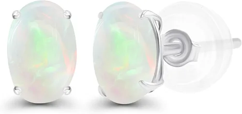 Vista 27 de Aretes de plata de ley 925 maciza chapados en oro de 0.276 x 0.197 in ovalados con piedra natal genuina para mujer, aretes de tuerca con piedras