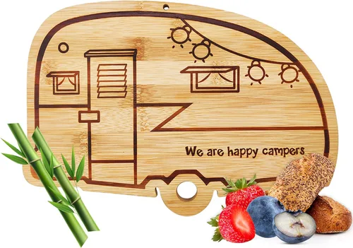 Vista 10 de Tabla grande de corte de bambú Happy Camper, cubierta de estufa de madera para RV, tabla de cortar carne para barbacoa, tabla de cortar para pavo