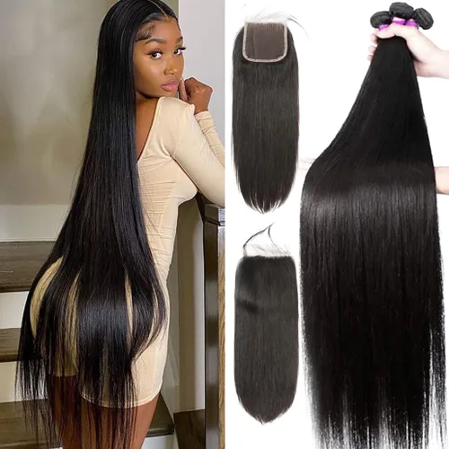 Vista 23 de Younsolo Paquetes de pelo lacio brasileño, cabello humano virgen 100% sin procesar, color negro natural, 4 paquetes, 12, 14, 16 y 18 pulgadas