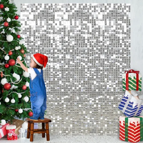 Vista 33 de 12 paneles cuadrados de lentejuelas brillantes para pared color azul claro (Baby Blue) telón de fondo decorativo para fiestas de bodas