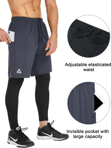 Vista 3 de SILKWORLD Pantalones de correr 2 en 1 para hombre, pantalones deportivos de compresión, leggings de entrenamiento con bolsillos con cremallera