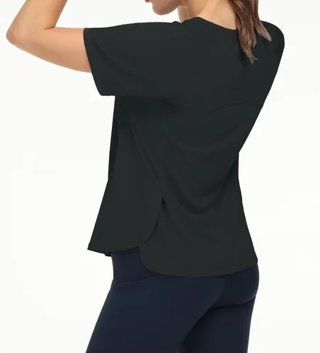 Vista 2 de THE GYM PEOPLE Camisetas de entrenamiento de manga corta para mujer, camisetas de yoga transpirables con aberturas laterales