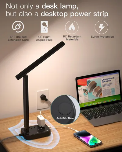Vista 6 de Addtam Lámpara LED de Escritorio, Regleta con 3 Tomas 4 Puertos de Carga USB (2 USB-C), 4 Modos 5 Niveles de Brillo Lámpara Táctil, Lámpara