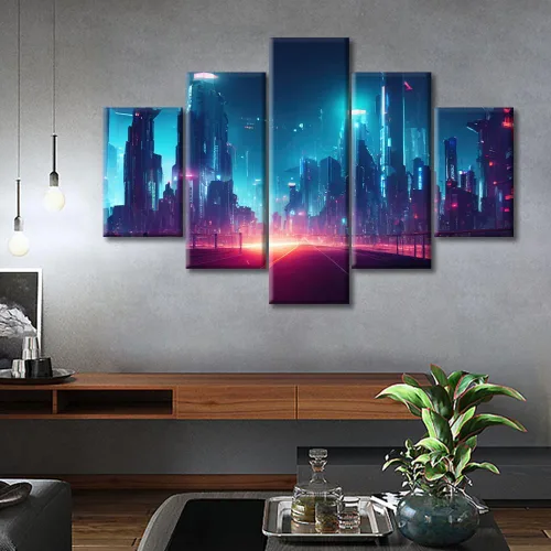 Vista 151 de Cuadros de 5 paneles de Cyberpunk City, arte de pared, representación de vallas publicitarias, edificios modernos en la capital con obras de arte