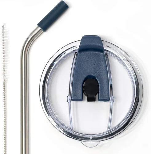 Vista 7 de Tapa de vaso a prueba de derrames con popote de acero inoxidable en ángulo + popote de silicona + cepillo de limpieza para vasos Yeti Rambler u Negro