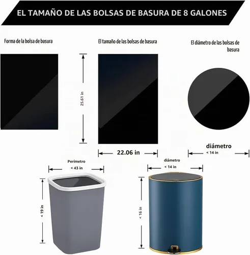 Vista 2 de Bolsas de basura de 8 galones, 120 unidades, 0.8 mil, negras, sin Negro