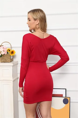 Vista 5 de C.AMOUR Vestido midi de manga larga con cuello en V para mujer, con hombros descubiertos, sexy, fruncido, entallado, para graduación, club, fiesta