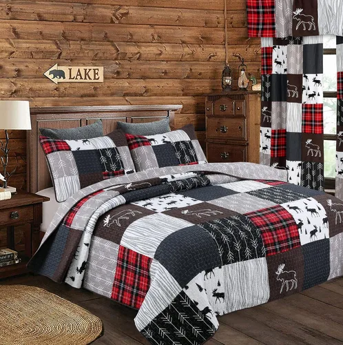 Vista 4 de Cozy Line Home Fashions True Patchwork Lodge - Juego de ropa de cama reversible de cabaña rústica, colcha (Moose, individual, 2 piezas)
