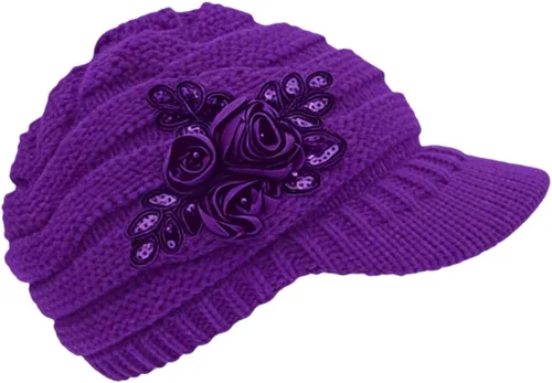 Vista 17 de C-US Gorro de invierno para mujer de punto con ala tejida y visera con detalle de flor Negro
