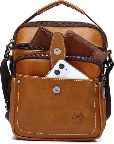 Vista 5 de LUKZIJAES Bolso de mensajero de cuero genuino para hombre, ligero, vintage, bandolera, pequeño, bolso casual para hombre