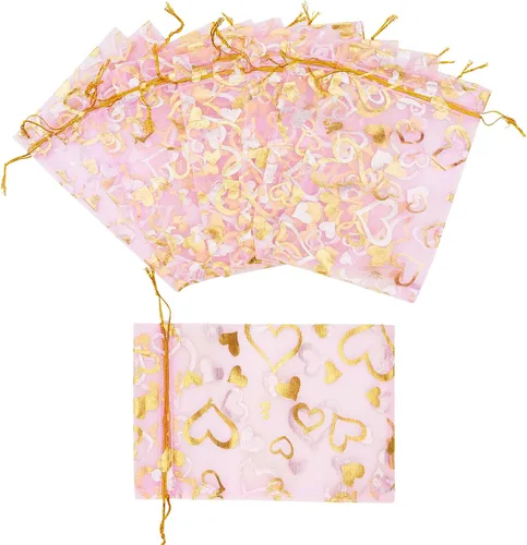 Vista 3 de G2PLUS - Bolsas de organza de corazón, 50 bolsas de regalo con cordón transparente de 4 x 6 pulgadas Pink Mesh Bags with Gold Foil Hearts for