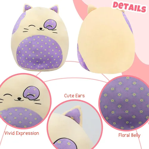 Vista 3 de Almohada de felpa grande de gato de 20 pulgadas con vientre floral, lindo juguete de peluche suave, almohada de gatito gigante, animal de peluche