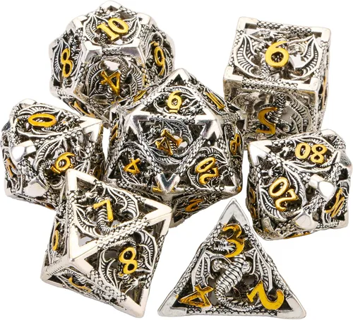 Vista 15 de Juego de dados de metal DND Dungeons and Dragon, juego de dados huecos poliédricos de dragón mágico de 7 piezas con caja de metal de regalo