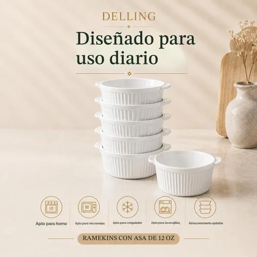 Vista 4 de Delling Ramequines con asa, paquete de 6 cuencos de sopa para sopa de cebolla francesa, pastel de olla, pasteles de lava, crema brulee, plato