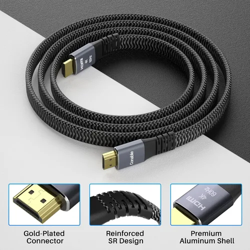 Vista 2 de Cable HDMI plano (paquete de 2, 2 pies + 2 pies), cable trenzado HDMI 4K de alta velocidad, cobre puro, soporta 4K @60Hz 2160p 1080p HDR HDCP 2.2