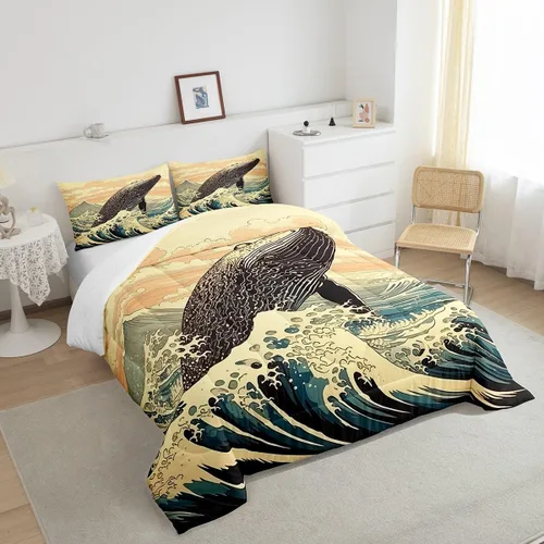 Vista 4 de Erosebridal Juego de edredón de ballena náutica, tamaño individual, juego de ropa de cama vintage azul con ondas oceánicas para niños y niñas