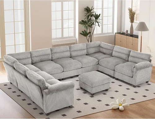Vista 99 de HAOMARKETS Sofá esquinero modular en forma de L de 115 pulgadas con 2 otomanas móviles, sofás de pana de 8 plazas con cojín grueso para sala de Beige