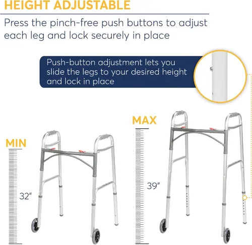 Vista 6 de Drive Medical 10257BL-1 - Andador con ruedas de 4 ruedas con asiento, andador de acero con ruedas, altura ajustable y 10210-1 andador plegable de 2