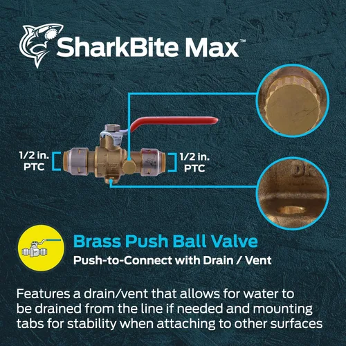 Vista 2 de SharkBite Válvula de bola máxima de 1/2 pulgada con ventilación de drenaje y pestaña de montaje, empuje para conectar accesorios de plomería