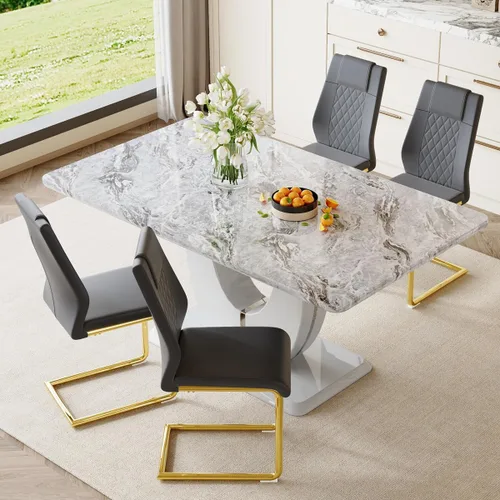 Vista 64 de JUFU Juego de mesa de comedor moderno para 4, juego de mesa de cocina rectangular de 63 pulgadas con mesa de mármol sintético y 4 sillas tapizadas