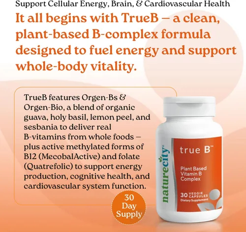 Vista 2 de NatureCity True-B Suplemento de complejo vitamínico Super B a base de plantas Hecho de fuentes de plantas integrales orgánicas certificadas