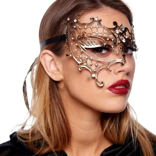 Vista 2 de Máscara de metal brillante para mujer con diamantes de imitación para fiestas venecianas bailes de graduación disfraces accesorio
