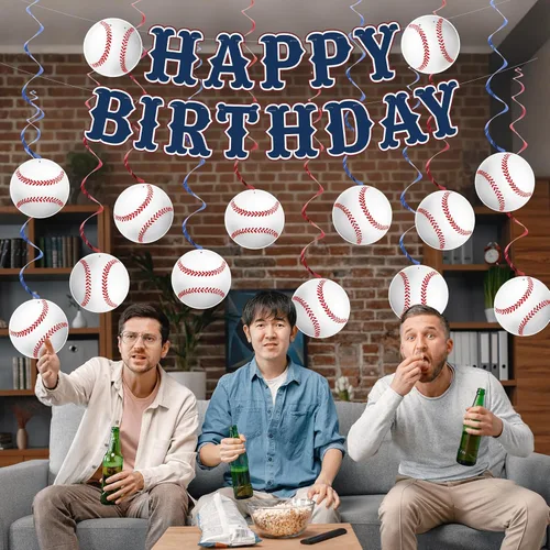 Vista 3 de KORHONEN Decoraciones de fiesta de cumpleaños de béisbol, pancarta de feliz cumpleaños y espirales colgantes para decoraciones de fiesta temática