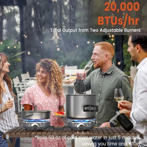 Vista 3 de Cofiyard Estufa de campamento de propano de 2 quemadores de 20,000 BTUs, estufa de campamento plegable portátil con quemadores ajustables, encendido