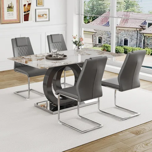 Vista 18 de Ebullient Juego de Mesa de Comedor Moderno para 4, Juego de 5 Piezas de Mesa de Comedor y Sillas para 4, Tablero de Mesa de Mármol PDLB y Base
