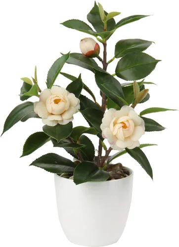 Vista 9 de Briful Plantas artificiales en maceta de camelia, pequeñas plantas de plástico sintético, plantas de escritorio, flores artificiales con jarrón