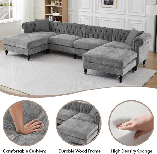 Vista 3 de ORRD Sofá Chesterfield en Forma de U, Sofá Seccional de Lino de Gran Tamaño, Sofá Chaise Otomano Tapizado con Acentos Capitoné con Reposabrazos