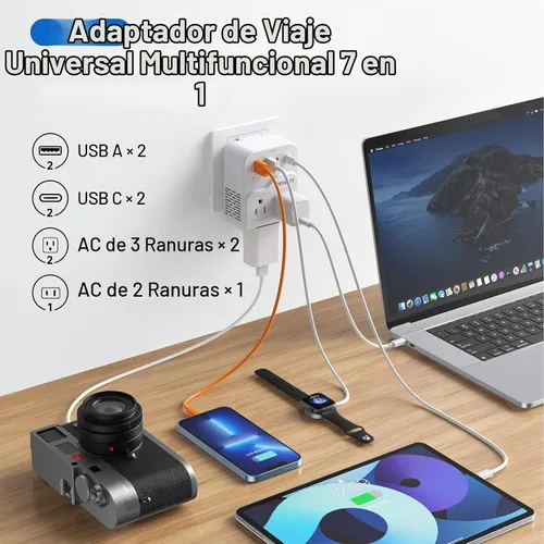 Vista 4 de Adaptador de enchufe de viaje europeo 7 en 1, adaptador de viaje universal de 2000 W con 3 enchufes de CA, 2 puertos USB-A y 2 puertos USB-C